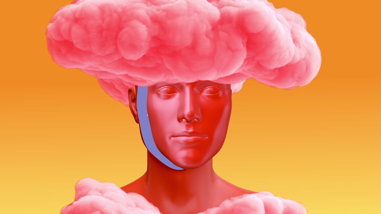 머리에 은 구름을 가진 남자의 몸, 창의적인 모던 스 모션 스타일의 현실적인 3d 미술 작곡, 최소한의 추상적인 그래픽 컨셉 디자인, 패션 루프 애니메이션.