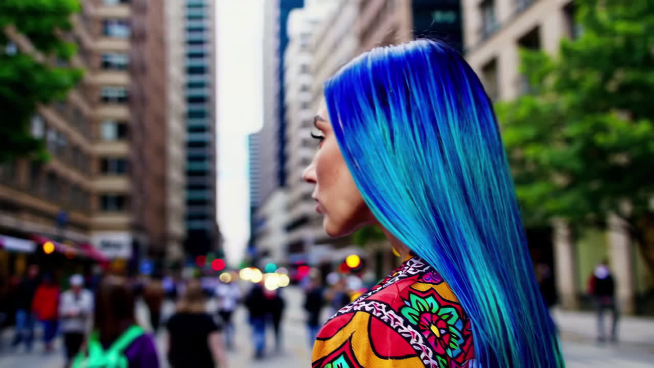 mujer con cabello azul vibrante en una calle de la ciudad
