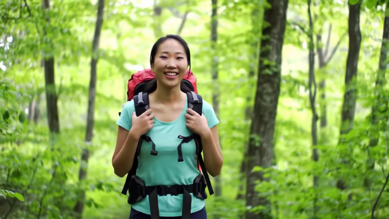Cheerful Hiker Exploring Lush Green Forest with Backpack on a Sunny Day, Embracing Nature's Beauty and Adventure in the Great Outdoors