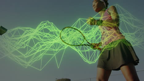 playing tennis with green geometric animation overlay, athlete in action