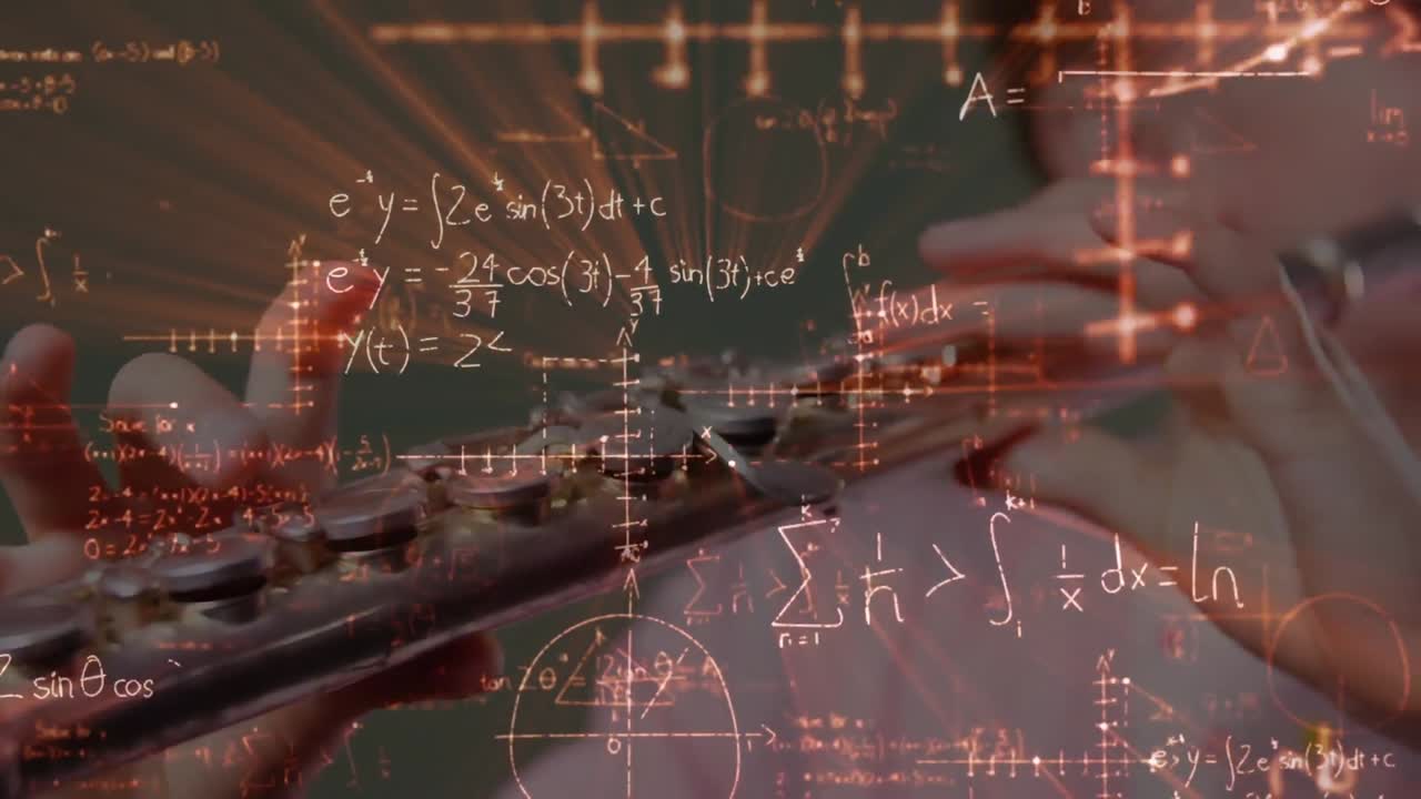 Animation of mathematical formulas over girl play the flute