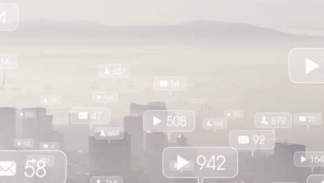 animación de iconos de redes sociales y procesamiento de datos sobre el paisaje urbano