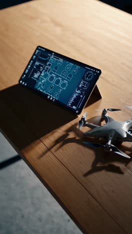 Tablet and Drone on Wooden Surface