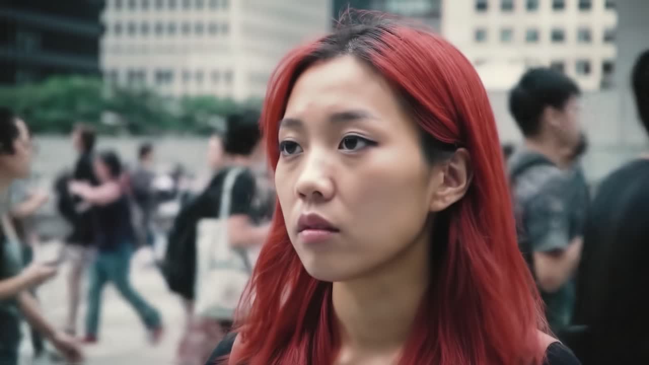 In a bustling city square, a young woman with vibrant red hair gazes thoughtfully into the distance as crowds move around her. The atmosphere is lively and energetic.