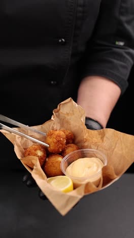 chef serving cheese balls with dipping sauce