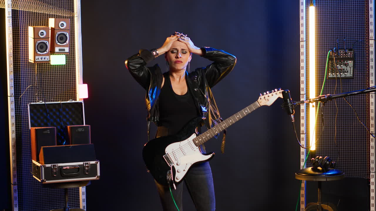 Woman playing electric guitar on stage with neon lights