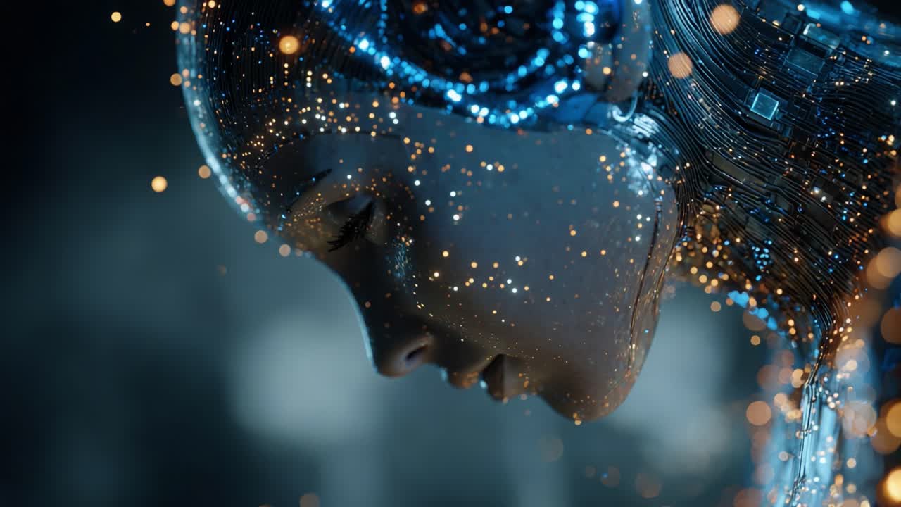 A Glimpse into the Future: Captivating Close-Up of a Futuristic Android with Luminous Particles and Intricate Circuitry, Highlighting Advanced Technology and Artificial Intelligence