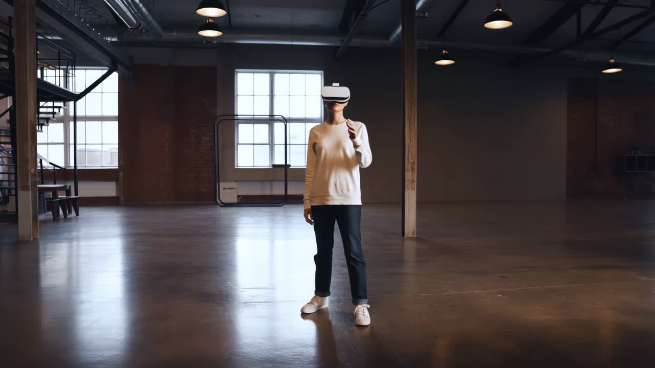 Person wearing a VR headset in a spacious industrial loft