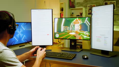 joven sentado en una silla de juego jugando un juego de disparos