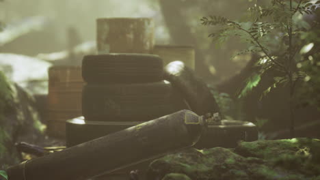 old tires and discarded items create a mysterious atmosphere in lush forest