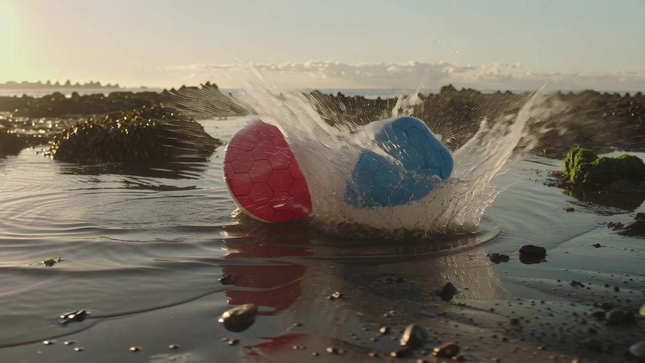 Rippling nudging two red and blue hex spheres leaning colliding splashing settling in tidal pool