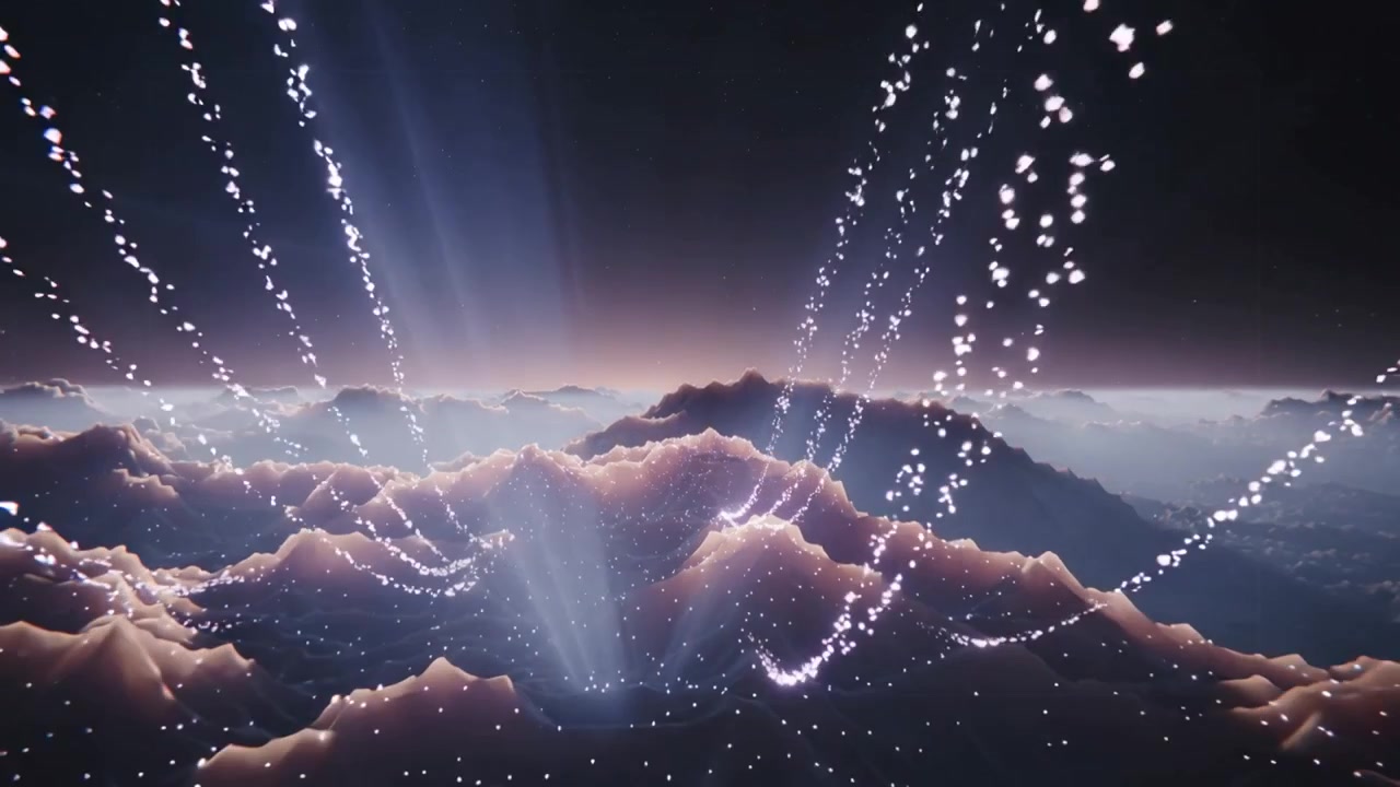 Scie di comete che partono, particelle che lasciano scie attraverso creste stilizzate, illuminando la valle
