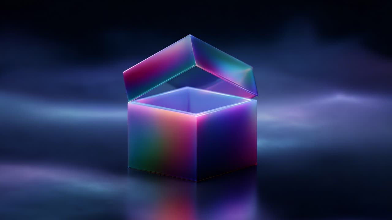 A Mesmerizing Glow: A Colorful Abstract Open Box Displaying a Brilliant Array of Light and Reflections, Perfectly Captured in a Hypnotic Atmosphere and Stupefying Ambience