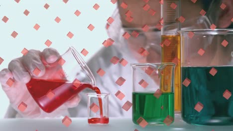 Animation-of-rows-of-red-cubes-over-female-caucasian-scientist-pouring-liquid-into-laboratory-beaker