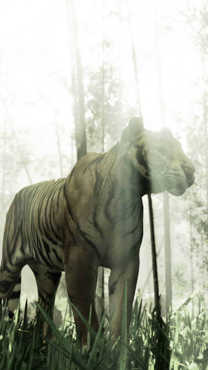 Majestic tiger roaming in a misty bamboo forest during daylight hours