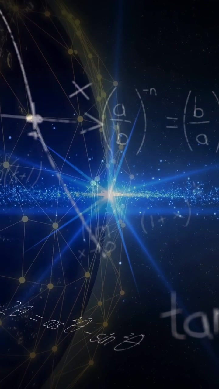 Video verticale: Nucleo blu che pulsa, emettendo raggi e una banda scintillante, illuminando nodi, rivelando formule matematiche.