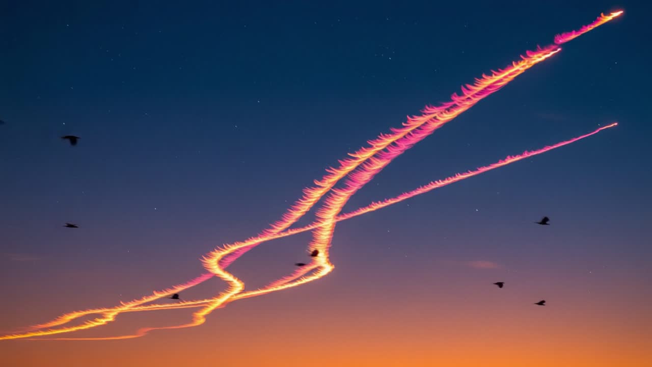 Captivating Skylines: Mesmerizing Contrails Illuminate the Dusk Sky with Radiant Colors and Intricate Patterns Overhead