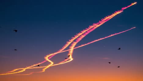 Captivating Skylines: Mesmerizing Contrails Illuminate the Dusk Sky with Radiant Colors and Intricate Patterns Overhead
