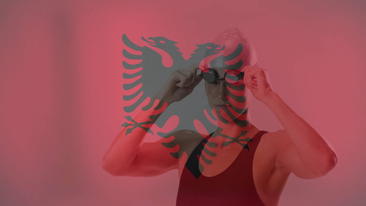 animación de la bandera de albania sobre una nadadora caucásica