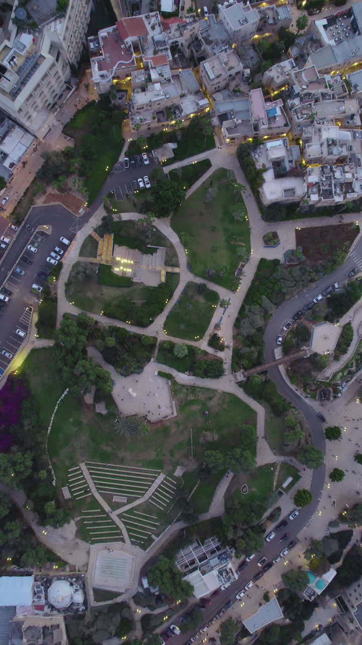 Vertical drone video captures bird's eye view of ancient Jaffa hill showing 4,000-year-old archaeological remains