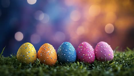 colorful easter eggs arranged on grass. colorful easter eggs with sprinkles line vibrant green grass, creating a festive spring vibe.