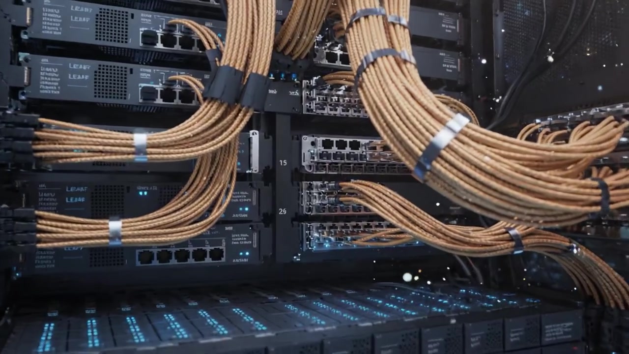 Advanced Data Center Visualization Featuring Cutting-Edge Server Racks and Vibrant Cable Organization in a High-Tech Environment with Dynamic Lighting Effects