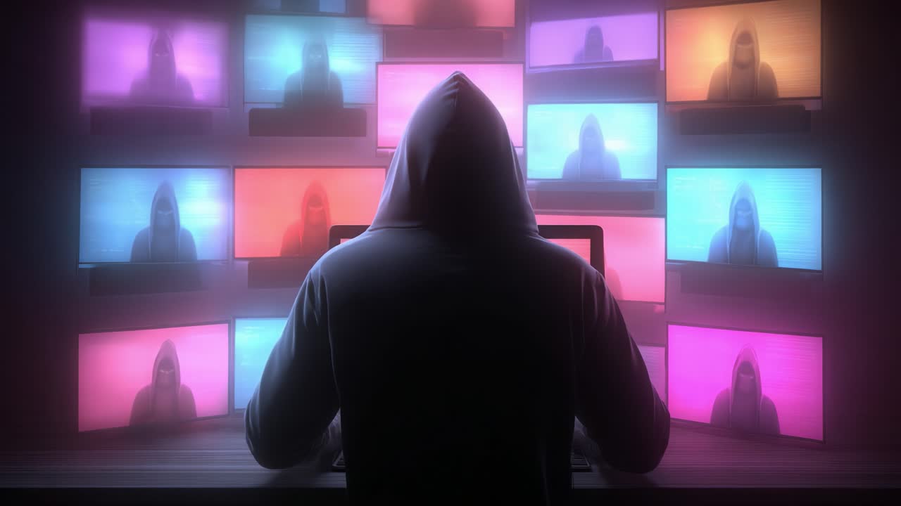 A Mysterious Figure in a Hoodie Surrounded by Colorful Monitors, Engaged in a Dark Digital Realm of Surveillance and Intrigue