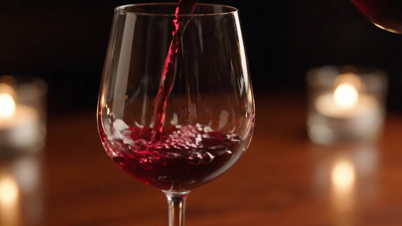 Un viaje a través del vino: Desde verter un rico líquido rojo hasta la elegante transformación del vaso, capturado en dos impresionantes fotogramas