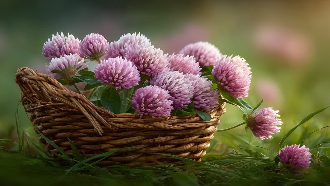 En delikat kurv med livlige rosa kløverblomster omgitt av frodig grønt gress, som fanger essensen av naturens skjønnhet og ro i mykt lys.