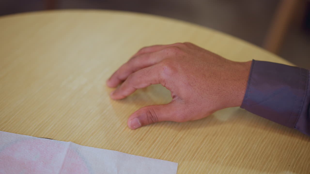 Close-up of male hand resting on wooden table surface with relaxed fingers slightly curled, casual positioning suggests pause during conversation or moment of thought in cozy indoor setting with soft lighting