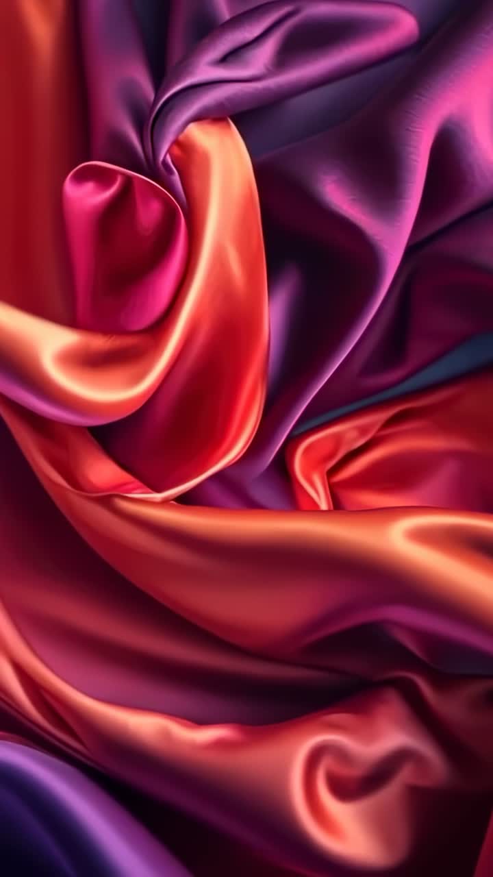 Video verticale: luci in movimento che fanno increspare un tessuto di raso in studio, con riflessi rosso-violacei