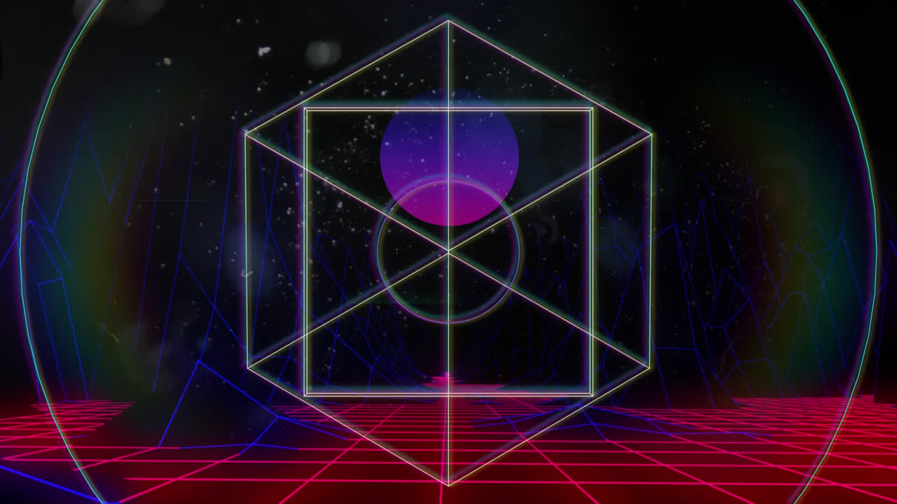 검은색 배경의 보라색 구 위에 움직이는 원과 큐브 윤과 아래의 파란색과 빨간색 격자
