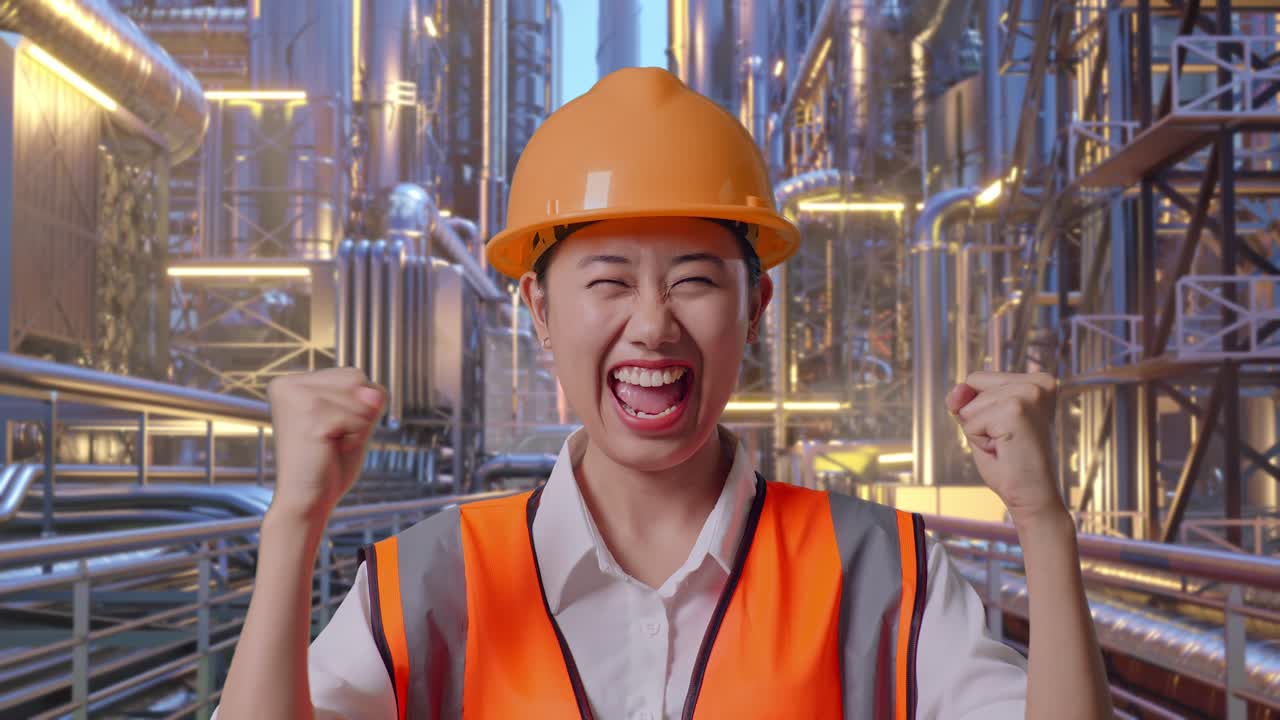 Close Up Of Asian Female Engineer With Safety Helmet Screaming Goal Celebrating Working At A Vast Oil Refinery