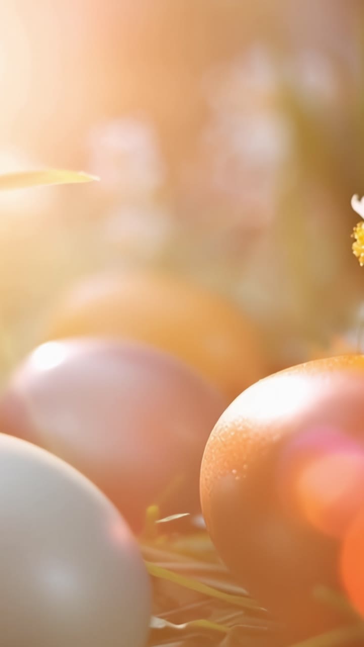 Colorful Easter Eggs Surrounded by Greenery and Flowers, Captured in Soft Focus, Creating a Lively and Cheerful Spring Atmosphere in a Sunny Garden Setting
