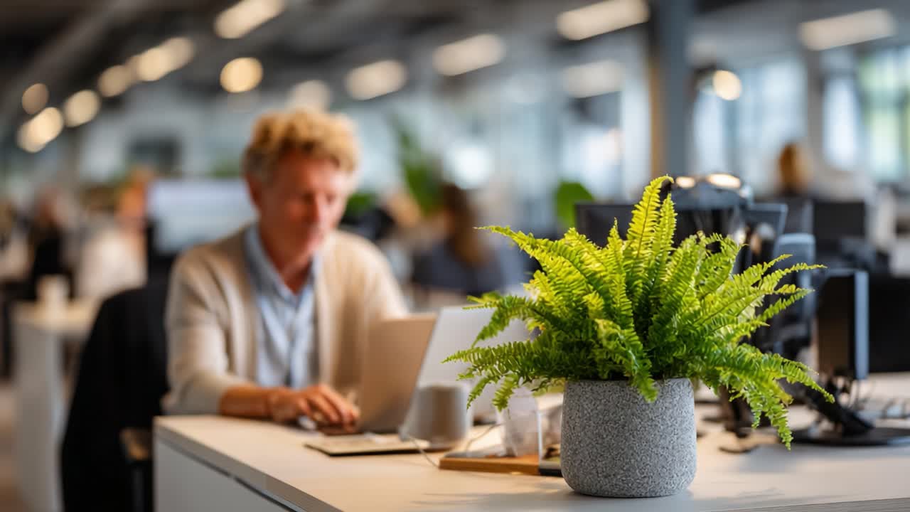 En modern kontorsscen som visar en person som arbetar vid sin laptop med en frodig ormbunke utställd, vilket framhäver en produktiv arbetsmiljö