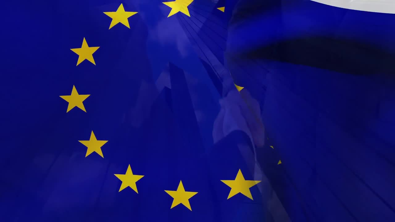 Bandiera dell'UE con uomini d'affari che si stringono la mano sullo sfondo