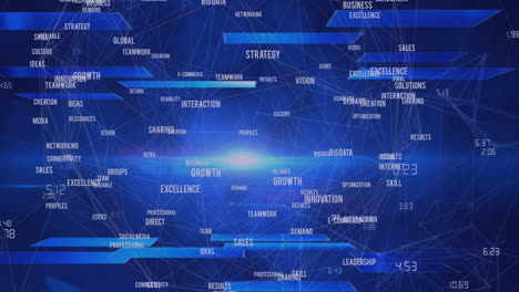 animación de los textos del concepto de negocio del globo y un punto de luz contra un fondo azul