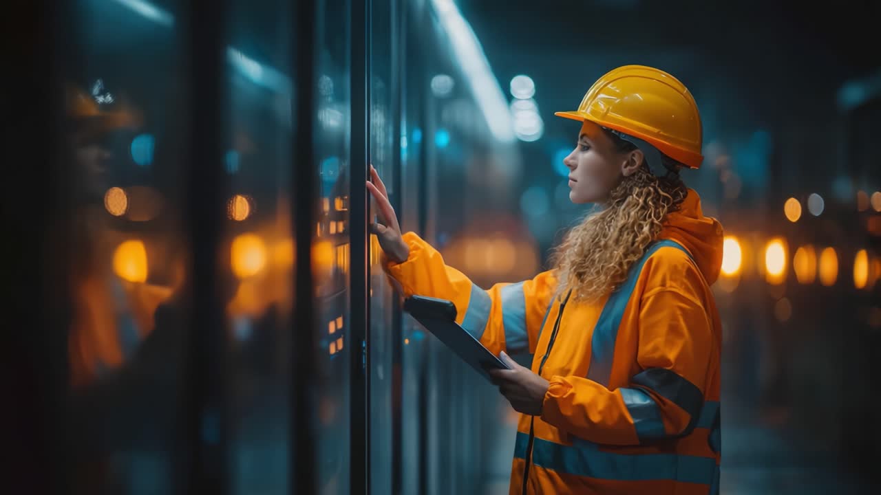 Un operaio concentrato, con cappello e dispositivi di sicurezza, si trova in un ambiente industriale in penombra, ispezionando un pannello di controllo con un tablet, dimostrando professionalità sul campo