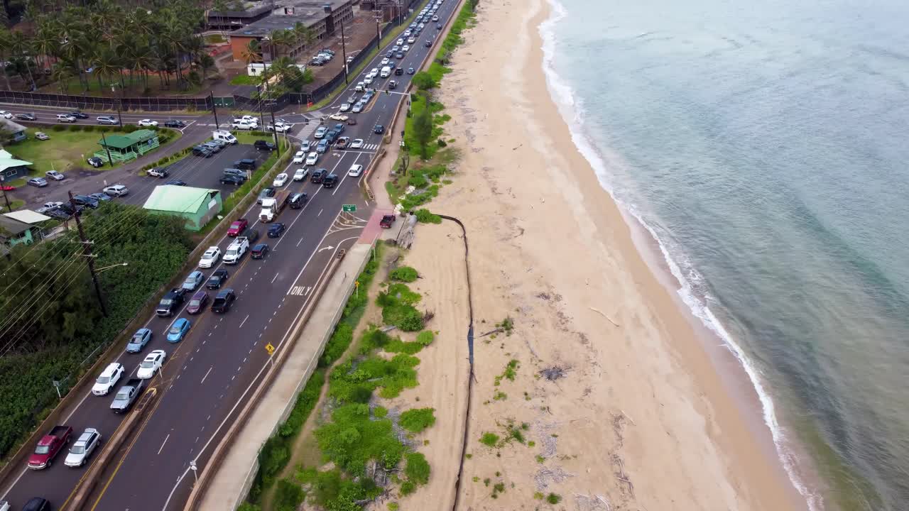 Aerial of Wailua beach park along the kuhio highway in Kauai island Hawaii USA near Lydgate Beach park in Kauai. Holiday in paradise.