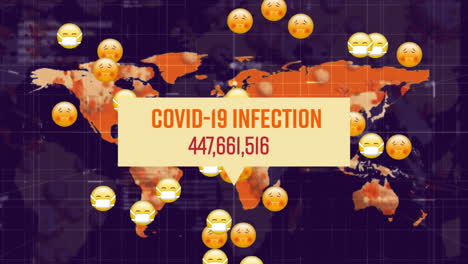 texto de infección por covid-19 con casos crecientes contra emojis de múltiples caras que caen sobre el mapa del mundo