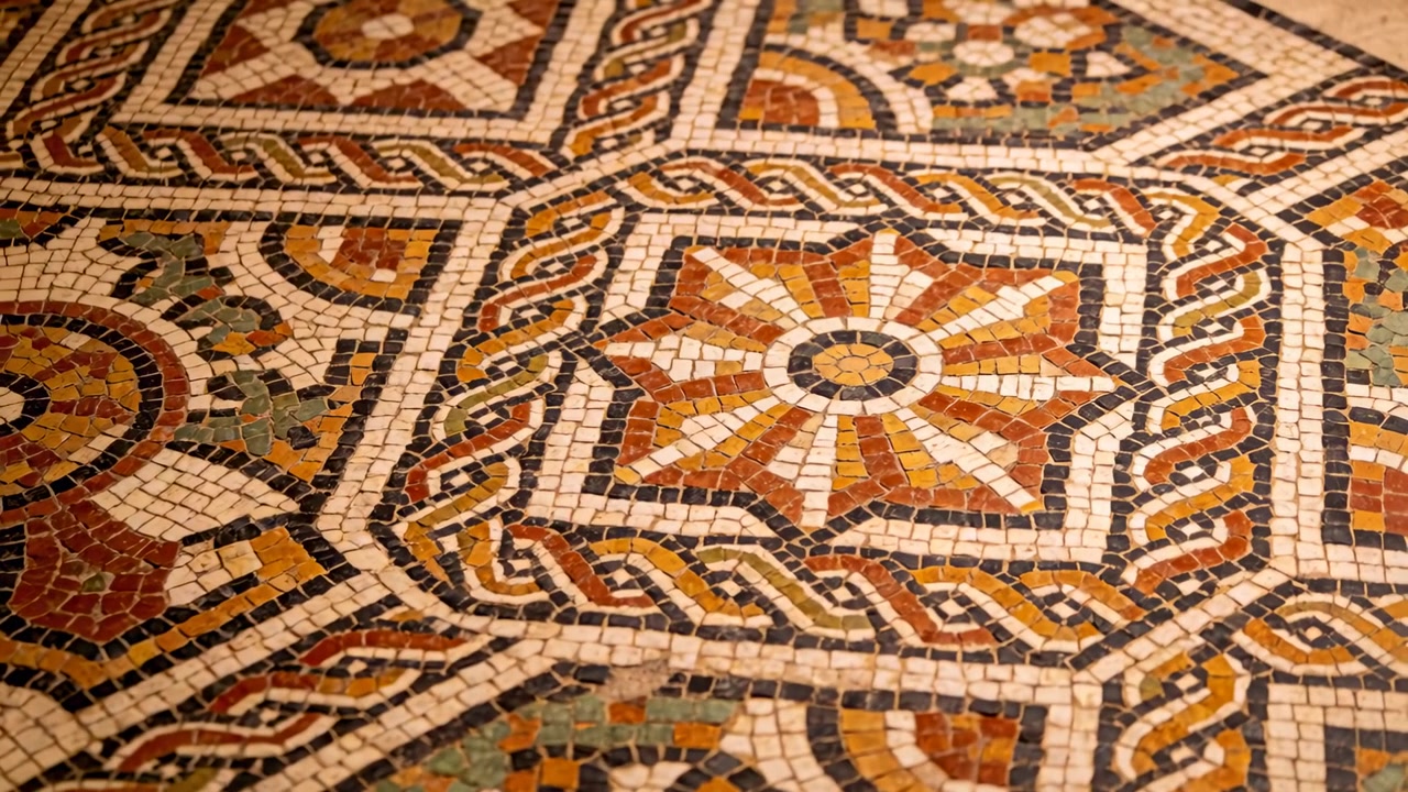 Rivelazione di un pavimento a mosaico geometrico ornato mentre la telecamera scorre lentamente in una galleria, mostrando la texture delle piastrelle