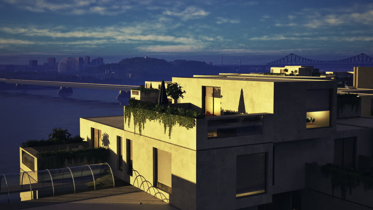 Modern architecture overlooking the city skyline during twilight