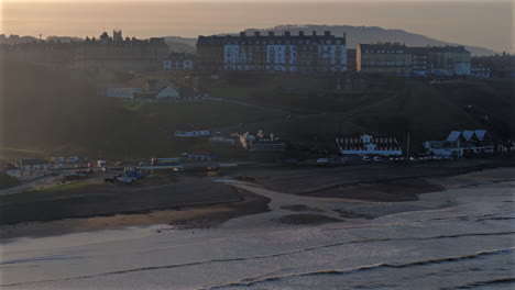 establishing wide angle aerial drone shot of saltburn-by-the-sea uk