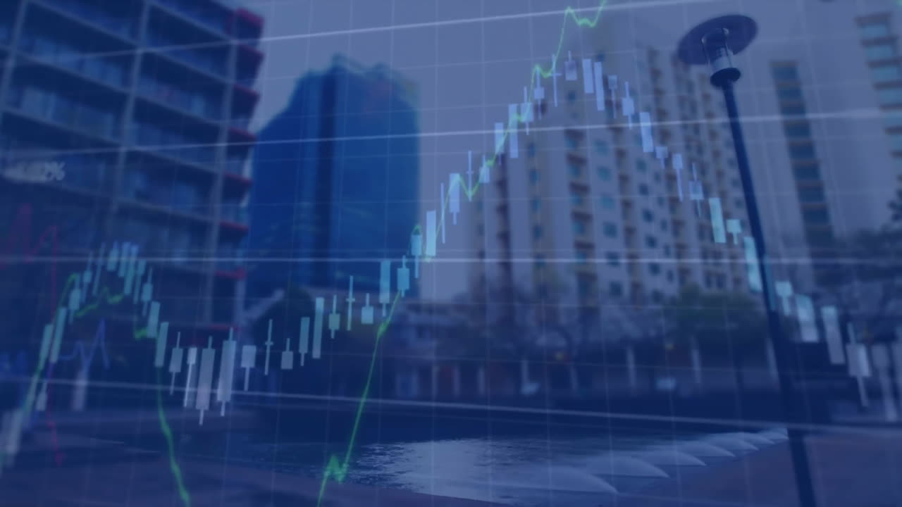 animación del procesamiento de datos financieros sobre el paisaje urbano