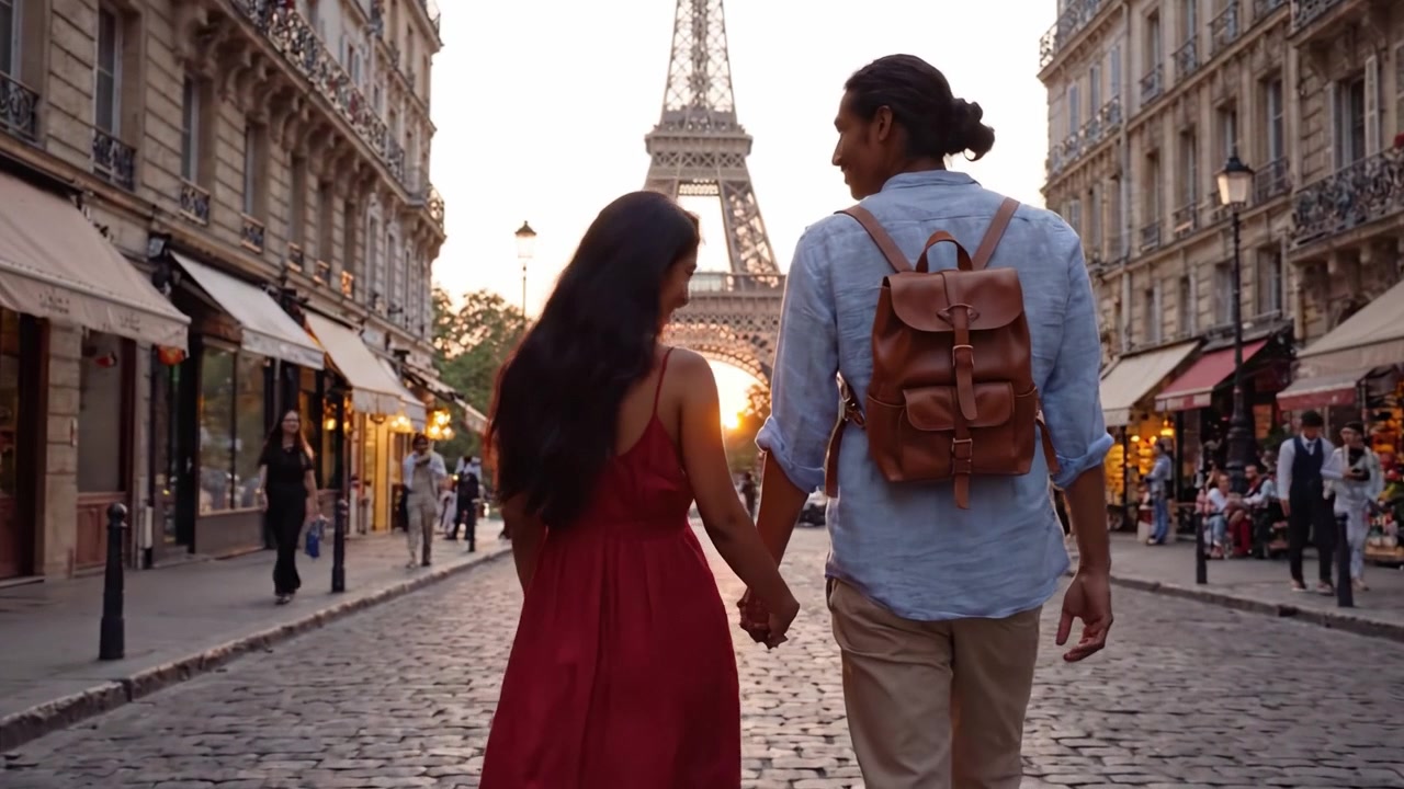 Una passeggiata serale romantica a Parigi: una coppia che si tiene per mano con la Torre Eiffel sullo sfondo mentre il sole tramonta, creando un'atmosfera parigina magica.