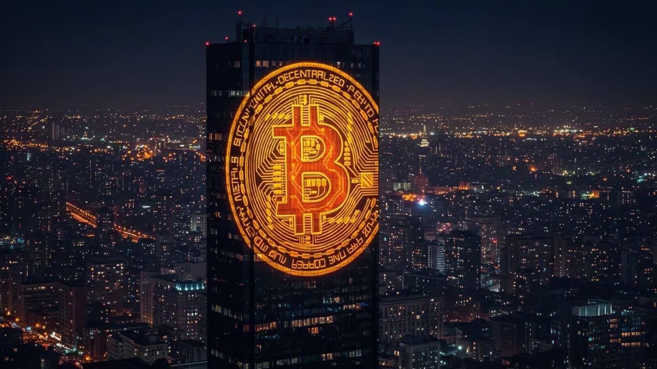 A Stunning Night View of a City Skyline Illuminated by a Giant Bitcoin Symbol Projected on a Tall Building, Representing the Rise of Cryptocurrency Culture