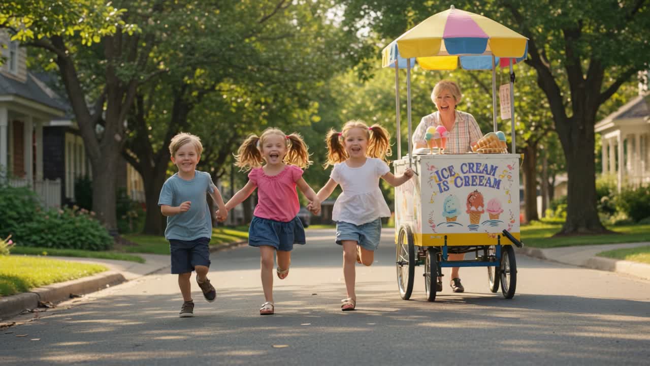 Joyful Children Ran Towards a Colorful Ice Cream Cart on a Warm Sunny Day in Their Neighborhood, Engaging with a Friendly Vendor Providing Refreshing Treats