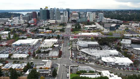 Drone-flight-over-NE-8th-street,-Bellevue,-washington