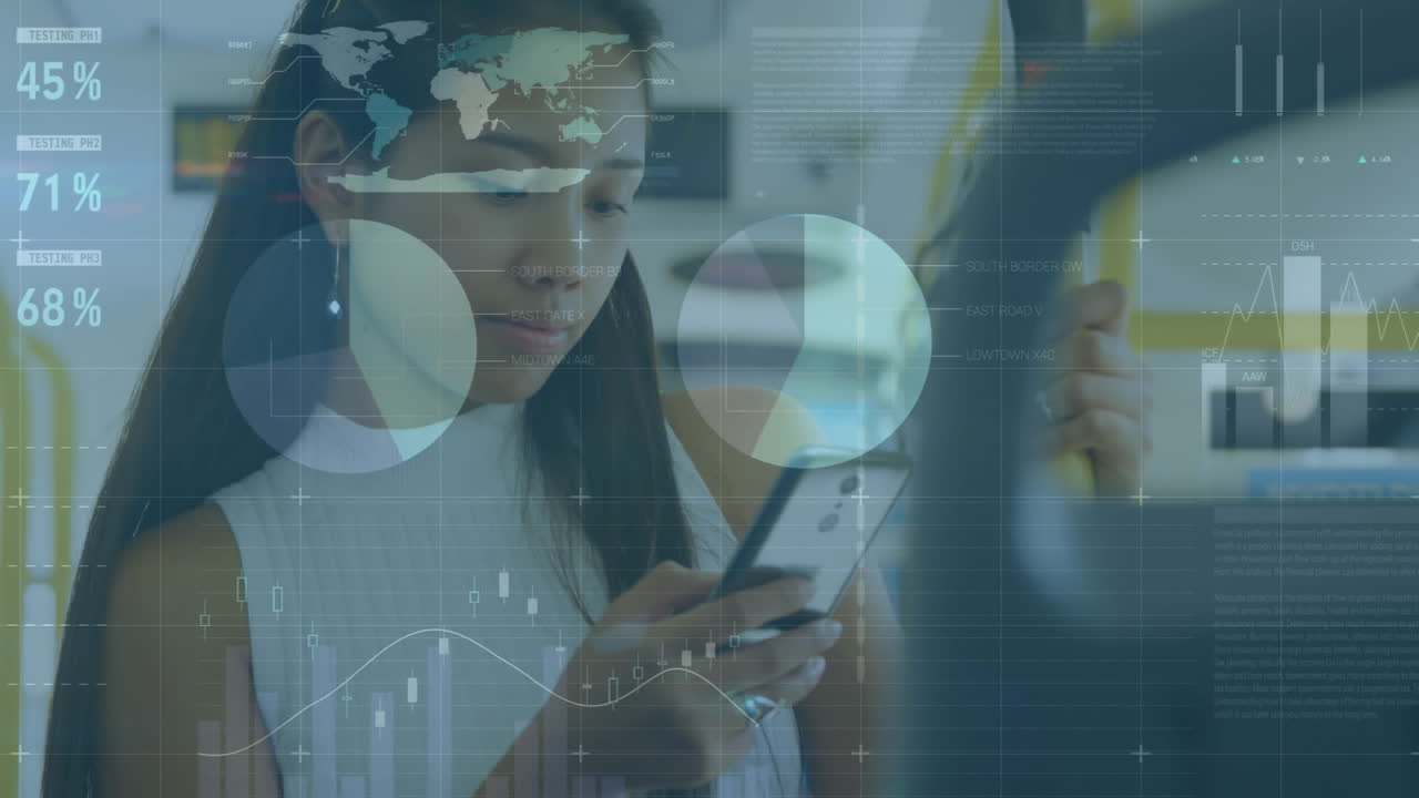 Animation of statistical data processing against asian woman using smartphone in the bus