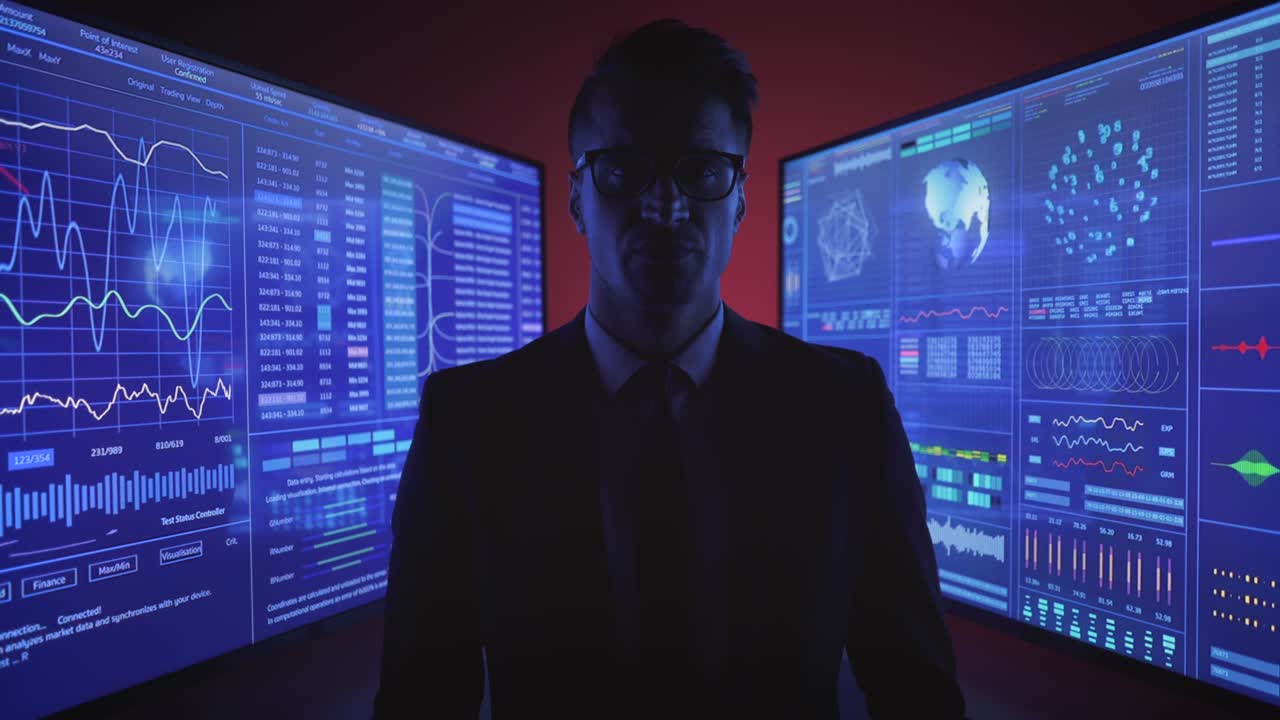 The smiling man standing near the blue screen in a dark red lab